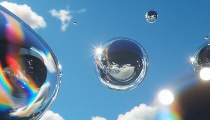 Liquid chrome rainbow orbs colliding midair in a bright sky stunning visuals abstract art vibrant environment