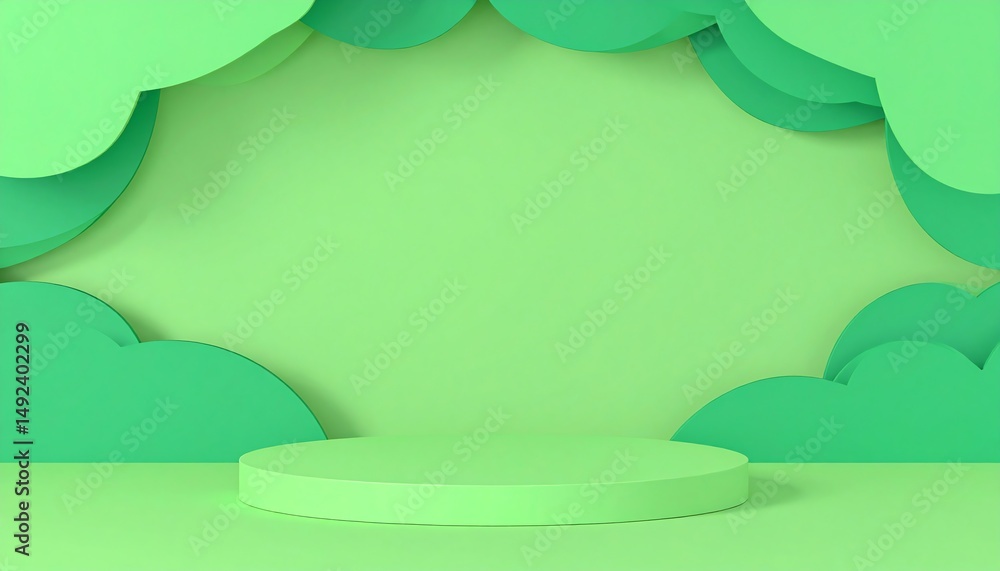 Poster a vibrant green background featuring layered cloud shapes and a circular platform, creating a fresh 