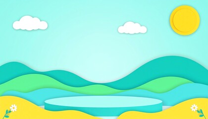 Obraz premium A colorful, abstract landscape featuring rolling hills, a sun, and clouds, designed with a playful, minimalist aesthetic
