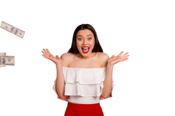 Portrait of charming person with red lips stick waving hands screaming shouting isolated over red background