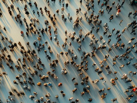 Aerial view of crowd of people walking motion blur long shadows on pavement in city square