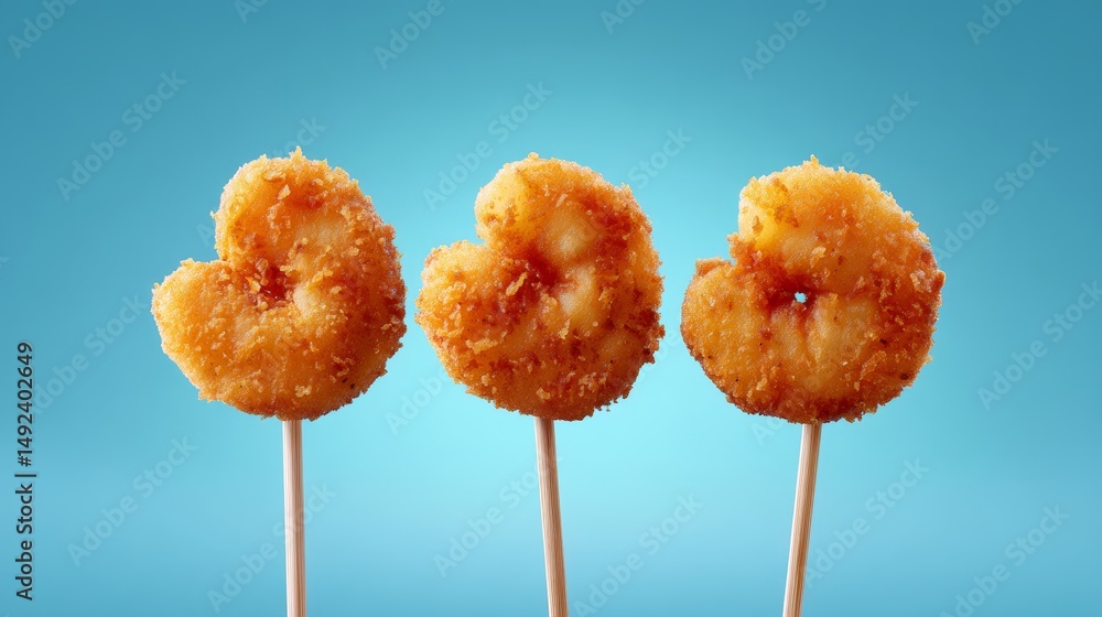 Poster three fried shrimp are on sticks and are arranged in a row. the sticks are thin and the shrimp are g