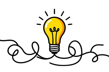 Bright yellow lightbulb doodle drawing creative concept representation of innovation imagination and brainstorming on white background.