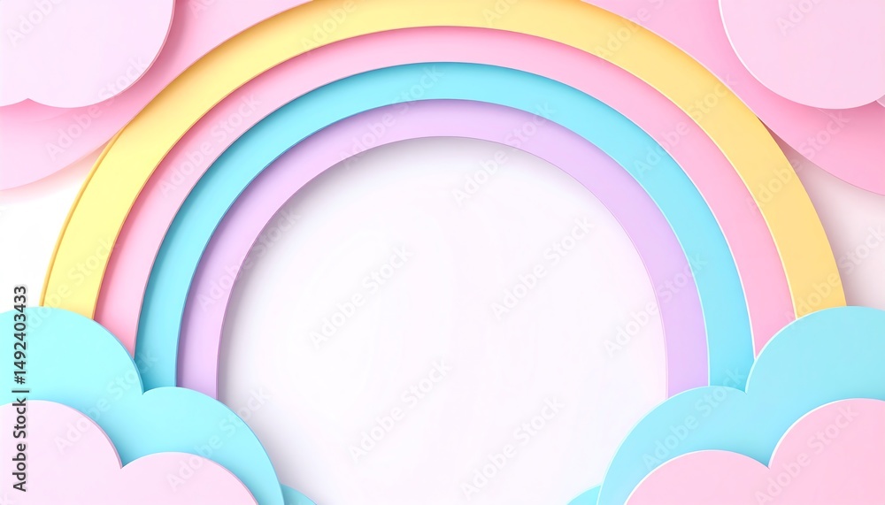 Poster colorful layered rainbow with soft pastel clouds, creating a cheerful and whimsical atmosphere suita