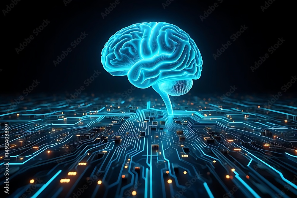 Aufkleber futuristic depiction of a glowing blue brain symbolizing artificial intelligence connected to a comp