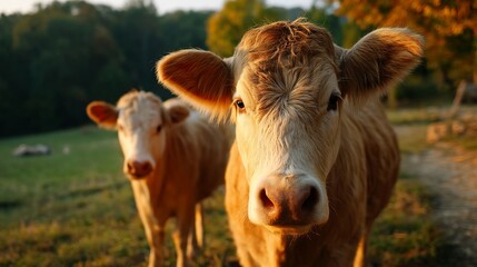 Two cows in a meadow at sunset; peaceful rural scene; suitable for nature, farm, and livestock stock photography