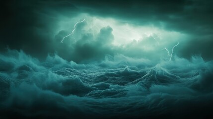 Dark stormy ocean, lightning flashes, turbulent waves.