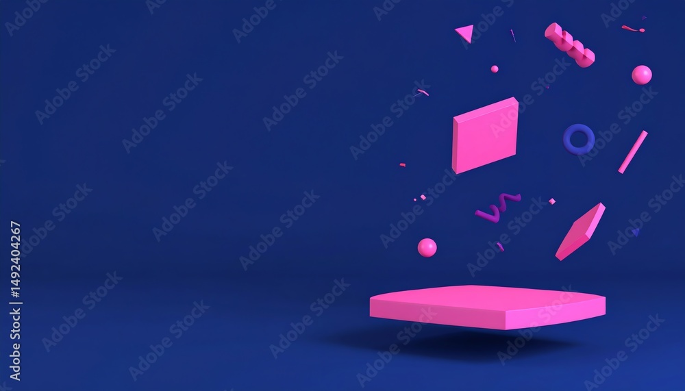 Poster vibrant geometric shapes in pink and purple float against a deep blue background, creating a modern 