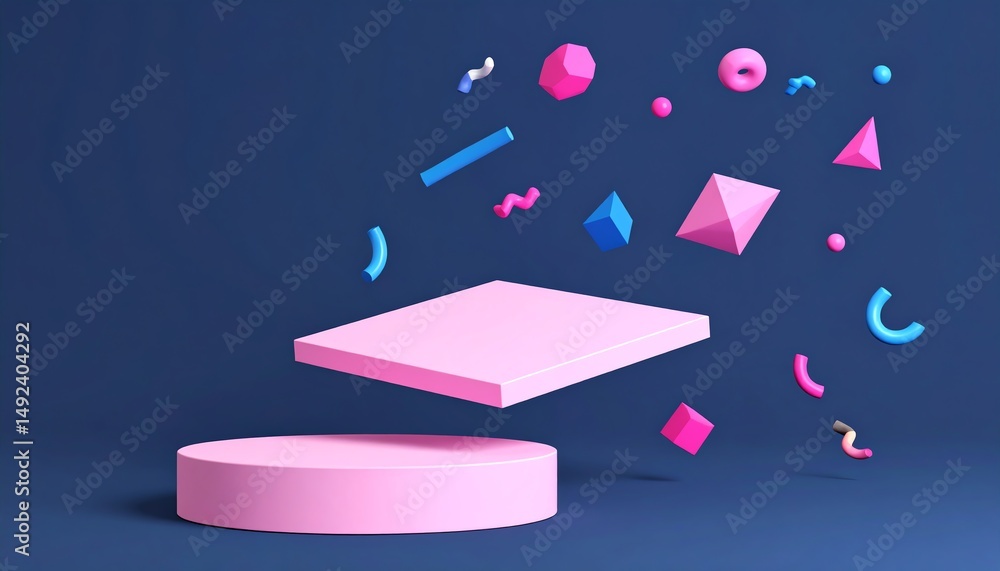 Poster a vibrant display of colorful geometric shapes floating above a platform, set against a solid blue b