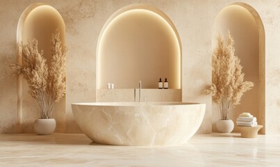 Luxurious beige marble bathtub in modern spa bathroom