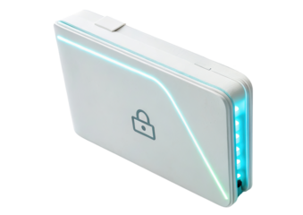 A sleek, modern wallet with a lock icon and glowing edges, designed for secure storage of cards and cash.