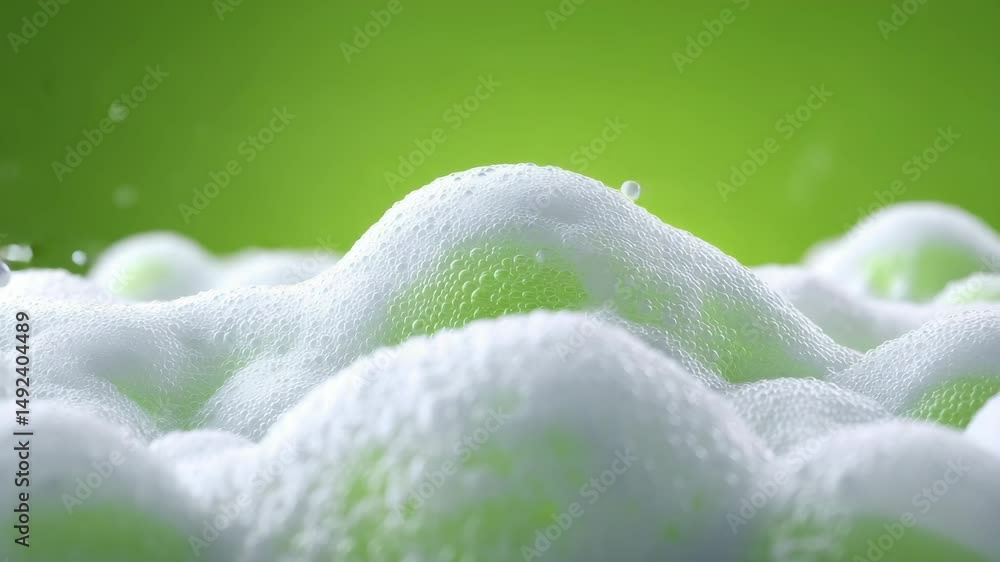 Poster close-up view of white soap bubbles on a vibrant green background creating a fresh atmosphere
