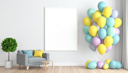 A cozy living space featuring a gray sofa, a small coffee table, a decorative plant, and a cluster of colorful balloons against a minimalist backdrop