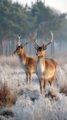 Fototapeta premium Two deer in a frosty field at dawn, ideal for nature and wildlife stock photos