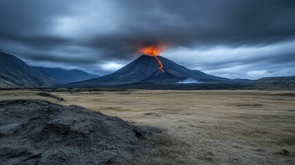 Volcano erupting, lava flowing, dark clouds, dry plains.