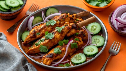 Fototapeta premium Delicious chicken malai boti tikka with fresh salad