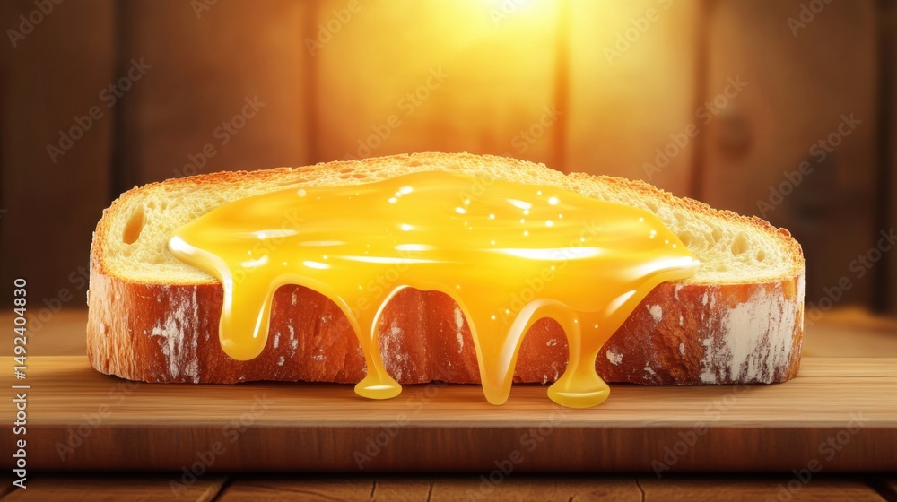 Poster honey drizzling on bread slice close up studio shot rustic wooden tabletop warm light breakfast trea