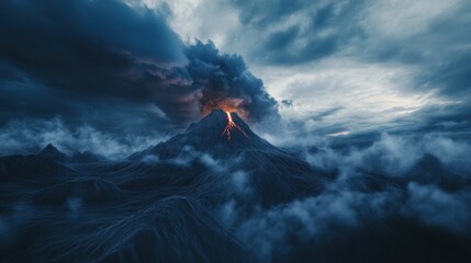 Erupting volcano, dark clouds, misty mountainscape.