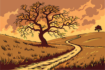 132 a lonely, twisted tree stands atop a rolling, golden field at sunset, winding dirt pathway leading through the landscape, dramatic lighting, moody atmosphere, cinematic, highly detailed, award-win