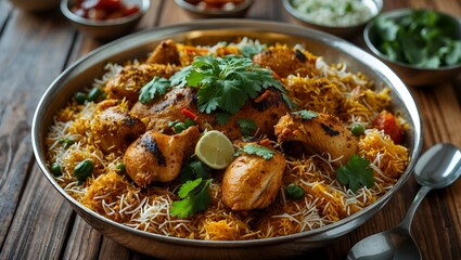 Delicious chicken mandi biryani on wooden table