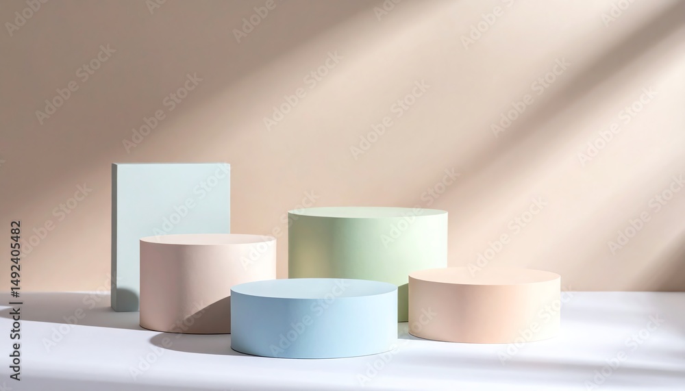 Poster soft pastel shapes arranged on a minimalist surface, illuminated by gentle light, creating a serene 