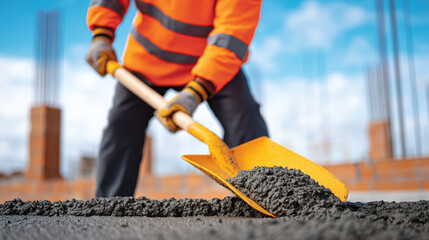 Construction worker in safety gear is shoveling fresh concrete on building site under blue sky with clouds