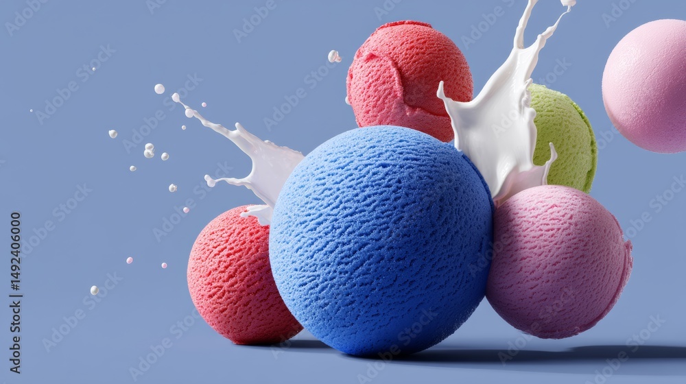 Poster group of colorful ice cream balls are floating in the air, with a splash of milk behind them. concep