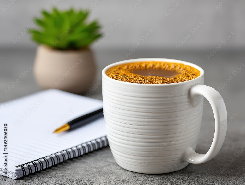 Poster freshly brewed coffee in a textured white mug surrounded by a notepad and pen on a gray table with a