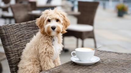 Small dog is sitting on a chair next to a coffee cup. The dog is looking at the camera with a curious expression. The scene is set in a cafe, with a table and chairs surrounding the dog