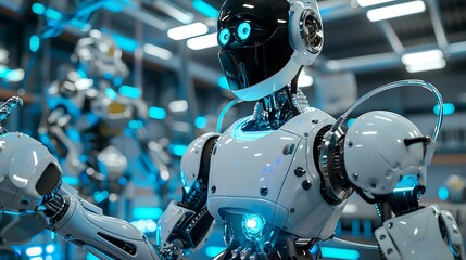Fototapeta premium Futuristic robot with glowing blue accents in a brightly lit factory setting