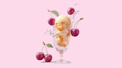 Fototapeta premium Glass of ice cream with cherries on top. The cherries are floating in the ice cream and the glass is half full