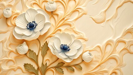 Creamy background showcases elegant white anemone flowers with blue centers and decorative swirls, artistic texture