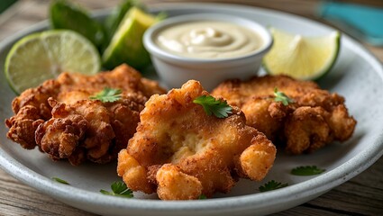 Fototapeta premium Delicious deep fried conch fritters with lime sauce