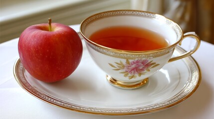 Fototapeta premium Cup of tea sits on a table next to a red apple. The cup is decorated with flowers and the apple is shiny and red