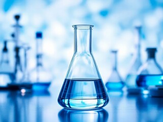Glass chemistry beaker in modern lab with blurred equipment