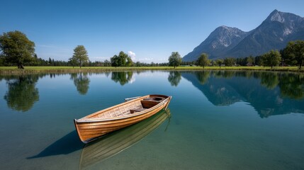 Obraz premium Small wooden boat sits in a lake, surrounded by trees and mountains in the background. The scene is peaceful and serene, with the calm water reflecting the beauty of the landscape