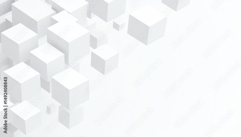 Poster abstract composition of floating white cubes on a minimalistic background, creating a sense of depth