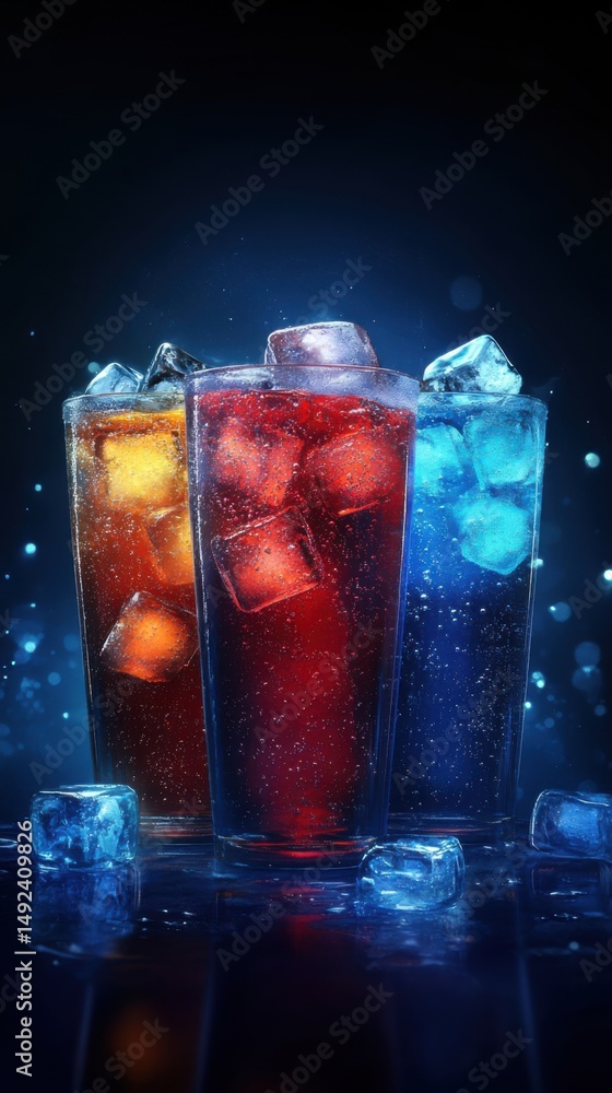 Poster refreshing trio of colorful drinks with ice cubes studio shot against dark backdrop close up view