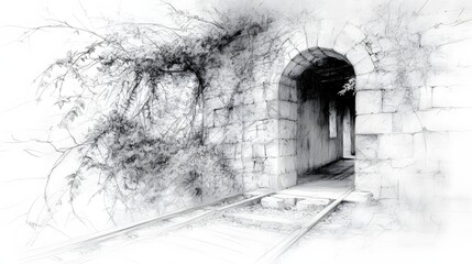 Obraz premium Abandoned Train Archway Surrounded by Overgrown Vines in Black and White