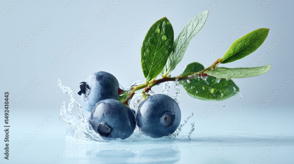 Poster three blueberries are floating in water. the water is splashing around the berries, creating a sense