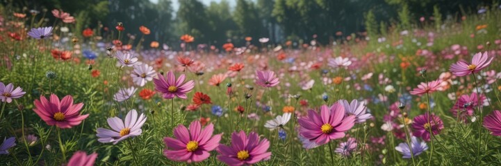 Obraz premium Vibrant cosmos flowers bloom in a lush garden , illustration, art, floral design