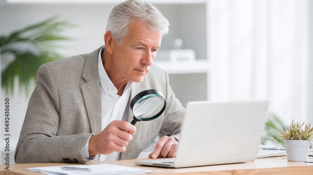 Poster man in a suit is looking at a laptop with a magnifying glass. he is focused on something on the scre