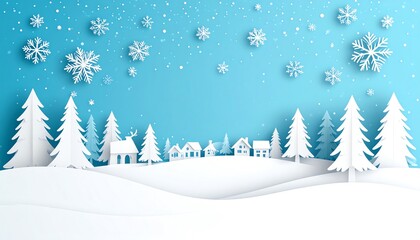 Obraz premium A serene winter landscape with white paper trees, houses, and snowflakes against a blue background, evoking a peaceful holiday atmosphere