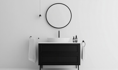 Minimalist black bathroom vanity, white walls, round mirror, towels