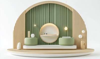 Minimalist green wood display stand, zen interior design, home decor, calm background