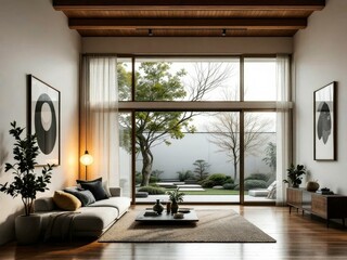 Fototapeta premium Minimalist loft interior with framed art and zen garden access