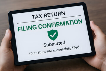 Tax return filing confirmation displayed on tablet, indicating successful submission