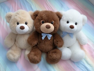 Soft plush teddy bears with bright eyes and gentle expressions arranged in a cozy pastel setting evoke warmth and nostalgia with their inviting presence and friendly demeanor