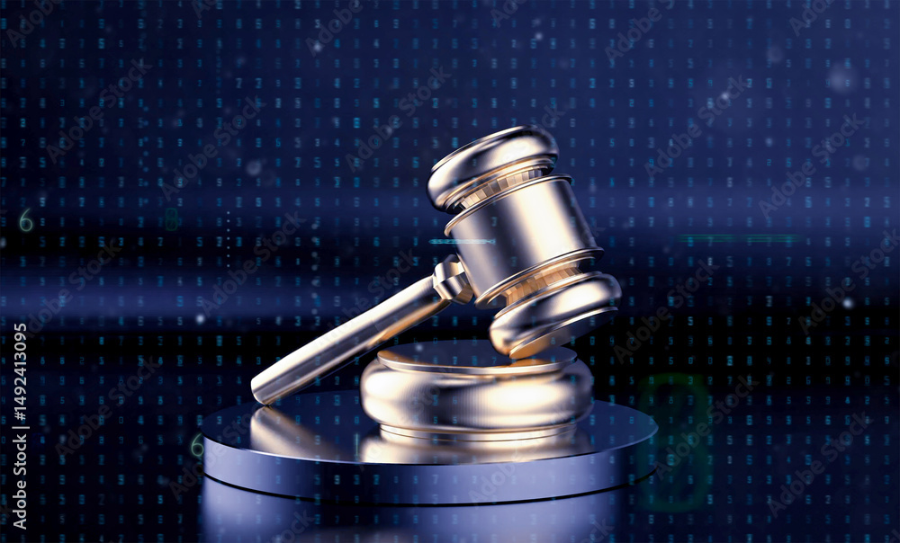 Poster digital law concept with golden gavel judge with graphic display