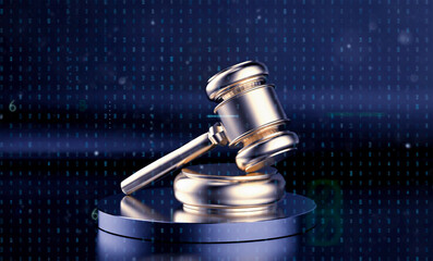 Digital law concept with golden gavel judge with graphic display